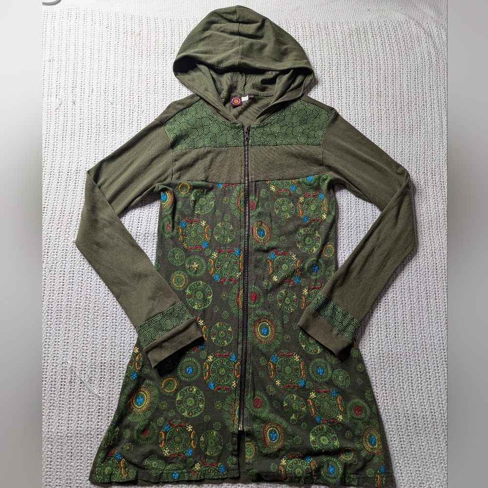 Hoodie Sweatshirt Colorful Mandala Embroidered Green Tunic Hippie Women's M/L